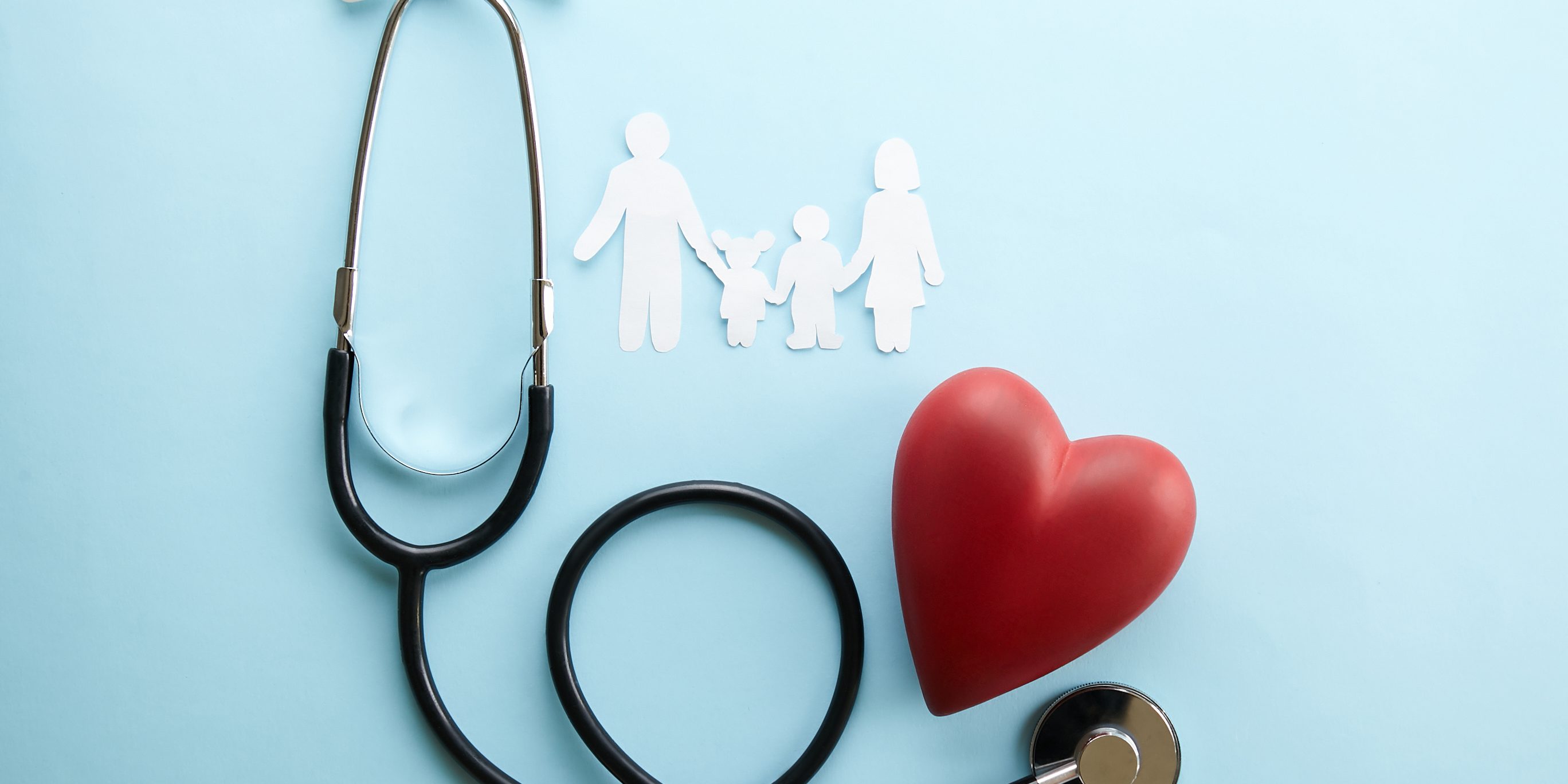 Family health / life insurance concept. Paper chain in form of family, mother, father, son & daughter. Stethoscope acoustic medical device on blue background. Top view, flat lay, copy space, close up